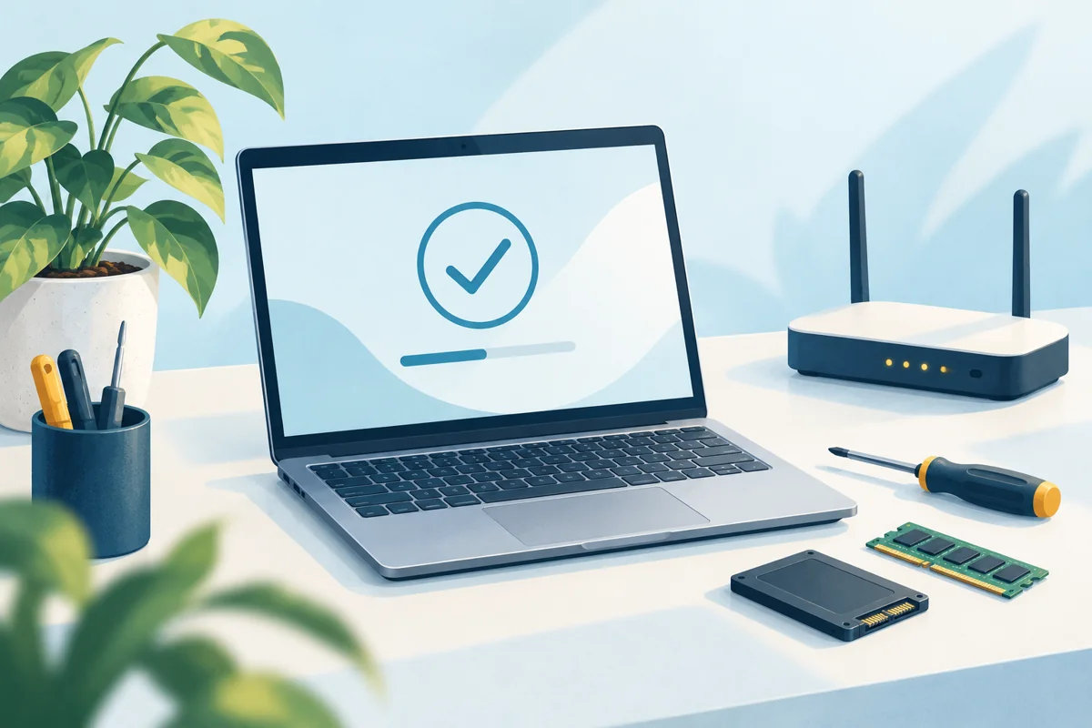 Illustration de dépannage informatique : ordinateur, outils et routeur Wi-Fi